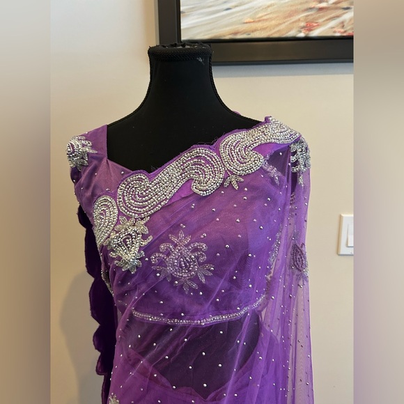 Purple Embellished Saree with Matching Blouse - Picture 3 of 11